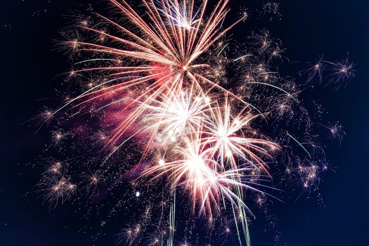 Fireworks at night as seen on a July 4th fireworks cruise with Hardy Boat Cruises