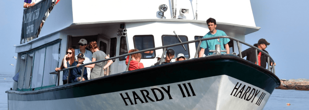 People on a white boat named HARDY III, looking out at the water.
