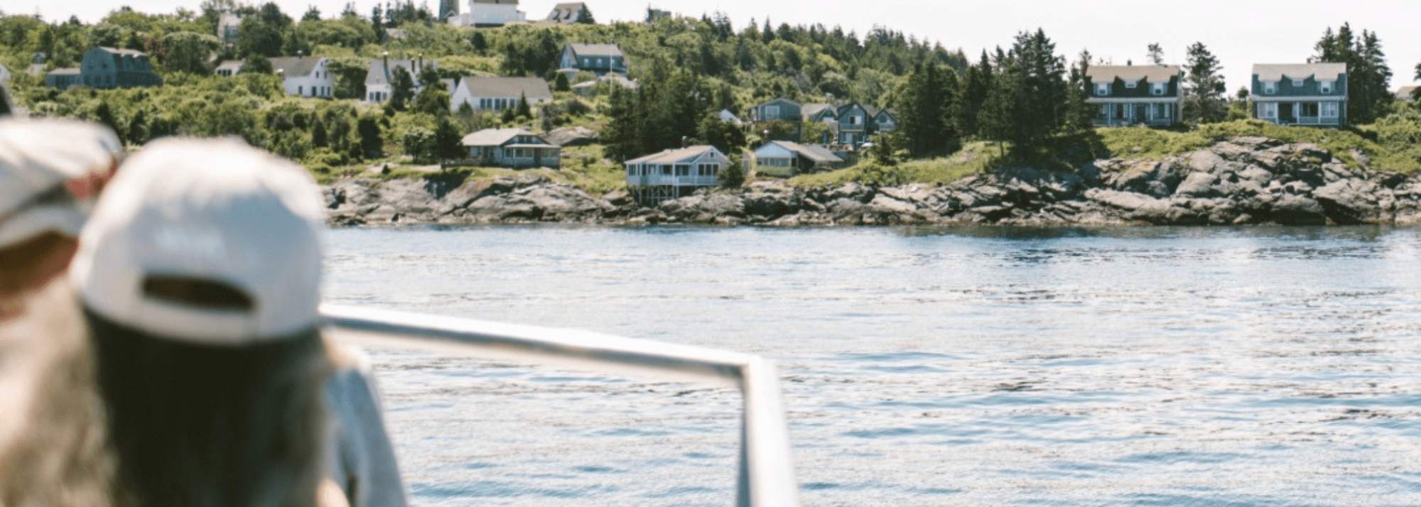 Person on a boat looking at houses on a rocky shoreline with trees.