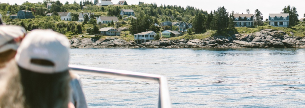 Person on a boat looking at houses on a rocky shoreline with trees.